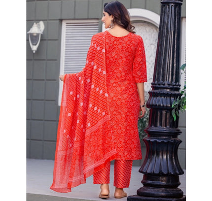 Women's Cotton Blend Printed Kurti With Pant Dupatta Set (Orange)