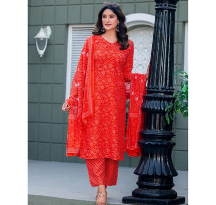 Women's Cotton Blend Printed Kurti With Pant Dupatta Set (Orange)