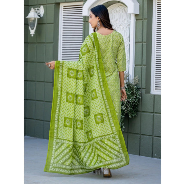 Women's Cotton Blend Printed Kurti With Pant Dupatta Set (Parrot)