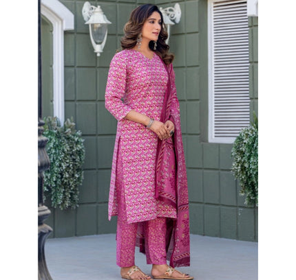 Women's Cotton Blend Printed Kurti With Pant Dupatta Set (Pink)