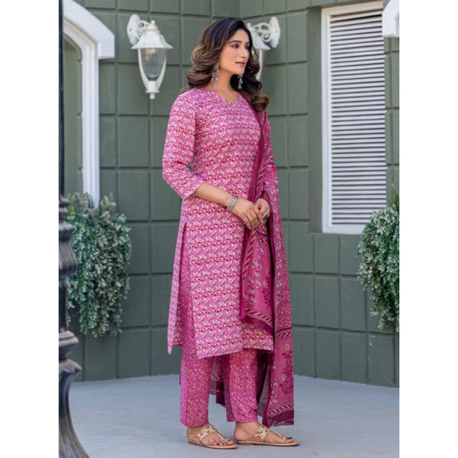 Women's Cotton Blend Printed Kurti With Pant Dupatta Set (Pink)