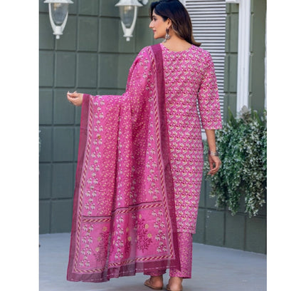 Women's Cotton Blend Printed Kurti With Pant Dupatta Set (Pink)