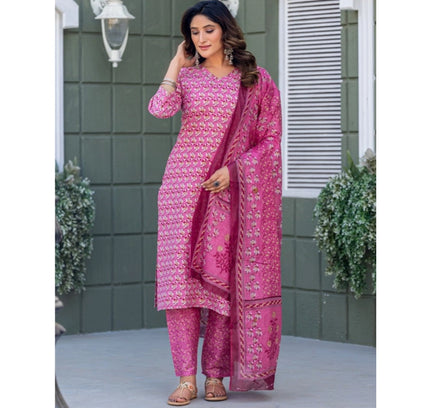 Women's Cotton Blend Printed Kurti With Pant Dupatta Set (Pink)