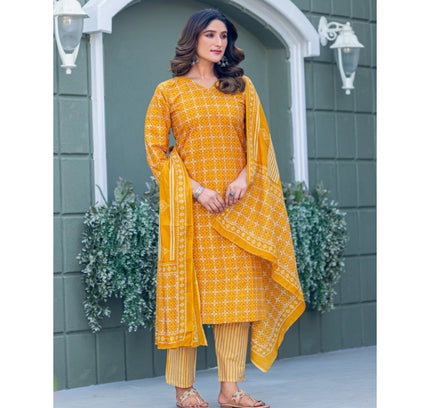 Women's Cotton Blend Printed Kurti With Pant Dupatta Set (Yellow)