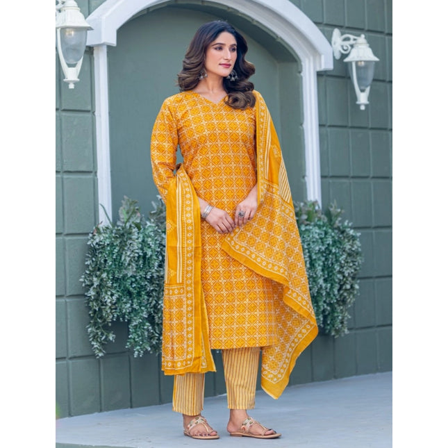 Women's Cotton Blend Printed Kurti With Pant Dupatta Set (Yellow)