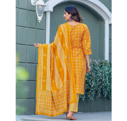 Women's Cotton Blend Printed Kurti With Pant Dupatta Set (Yellow)