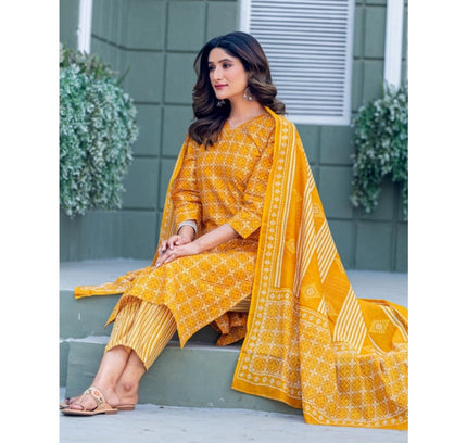 Women's Cotton Blend Printed Kurti With Pant Dupatta Set (Yellow)