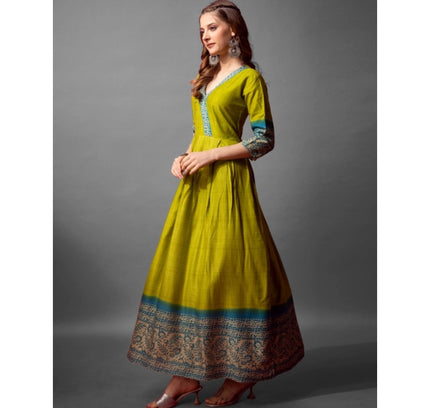 Women's Cotton Blend Printed Anarkali Gown (Green)