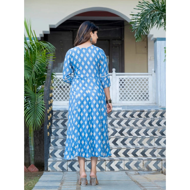 Women's Rayon Print With Embroidery Work A-Line Kurti (Sky Blue)