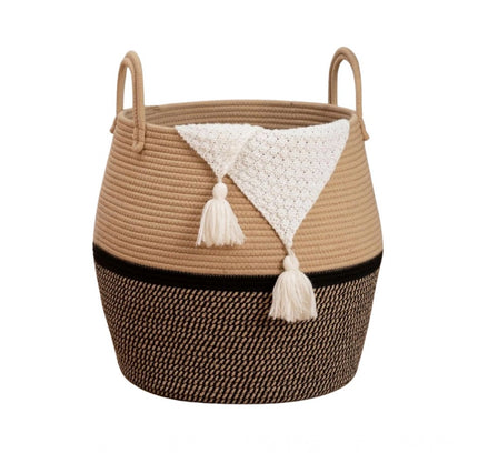 Cotton Matka With Handle 14x12 Inch Storage Basket For Clothes (Beige Black)