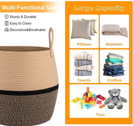 Cotton Matka With Handle 14x12 Inch Storage Basket For Clothes (Beige Black)