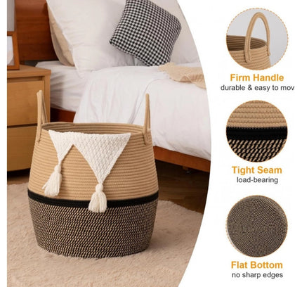 Cotton Matka With Handle 14x12 Inch Storage Basket For Clothes (Beige Black)