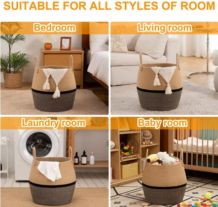 Cotton Matka With Handle 14x12 Inch Storage Basket For Clothes (Beige Black)