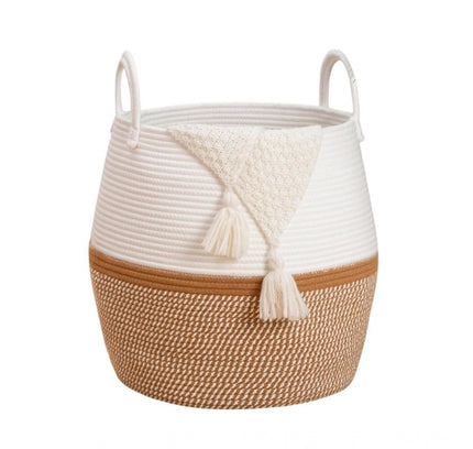 Cotton Matka With Handle 14x12 Inch Storage Basket For Clothes (Beige White)