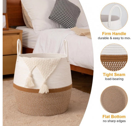 Cotton Matka With Handle 14x12 Inch Storage Basket For Clothes (Beige White)
