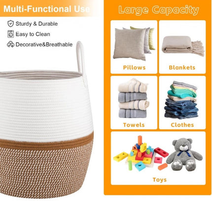 Cotton Matka With Handle 14x12 Inch Storage Basket For Clothes (Beige White)