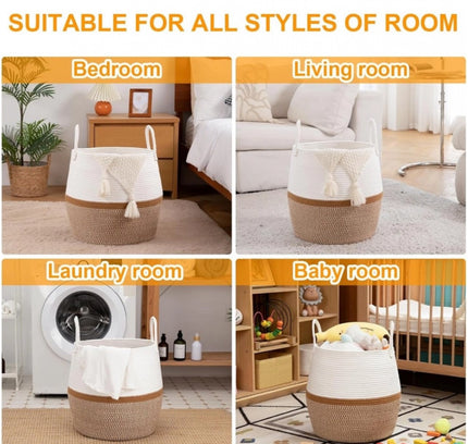 Cotton Matka With Handle 14x12 Inch Storage Basket For Clothes (Beige White)