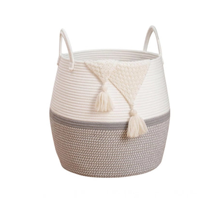 Cotton Matka With Handle 14x12 Inch Storage Basket For Clothes (Gray White)