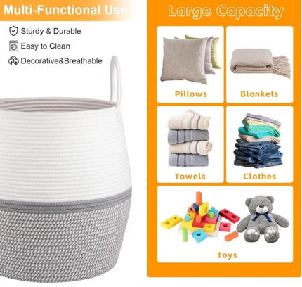 Cotton Matka With Handle 14x12 Inch Storage Basket For Clothes (Gray White)