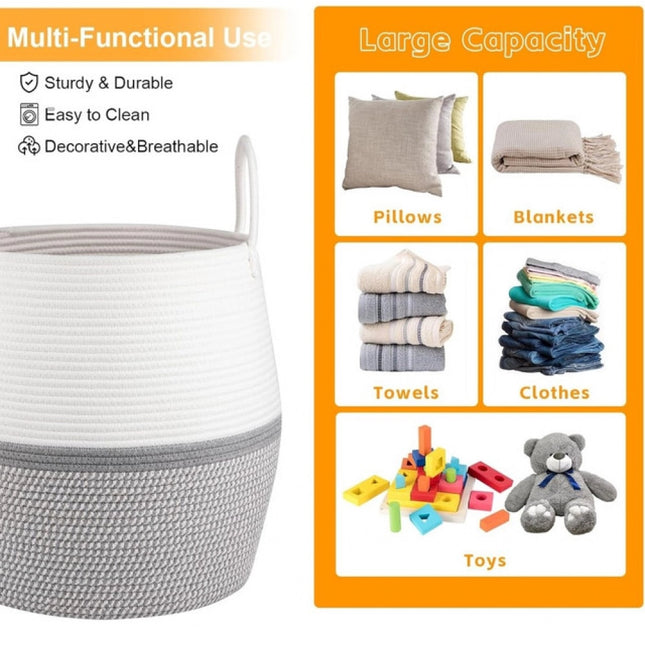 Cotton Matka With Handle 14x12 Inch Storage Basket For Clothes (Gray White)