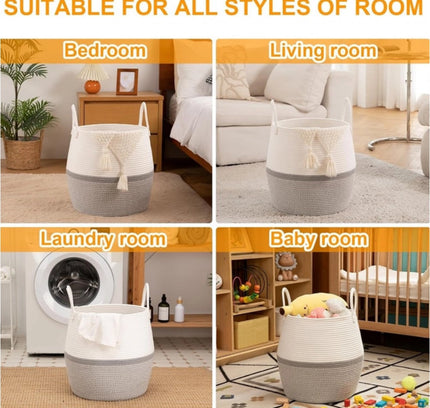 Cotton Matka With Handle 14x12 Inch Storage Basket For Clothes (Gray White)