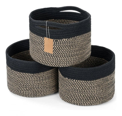 Cotton 9x7 Inch Pack of 3 Storage Basket For Clothes (Black-Beige)