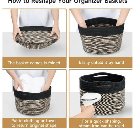 Cotton 9x7 Inch Pack of 3 Storage Basket For Clothes (Black-Beige)