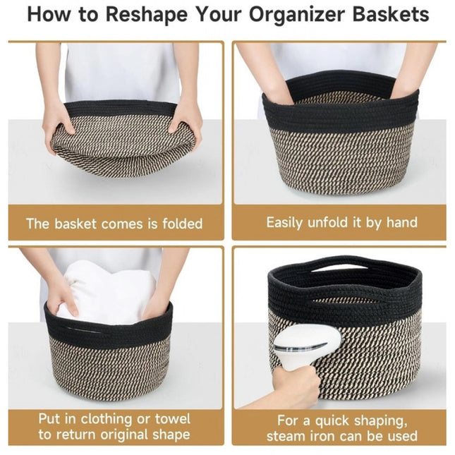 Cotton 9x7 Inch Pack of 3 Storage Basket For Clothes (Black-Beige)