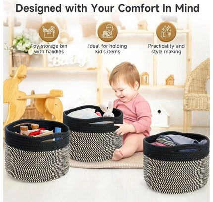 Cotton 9x7 Inch Pack of 3 Storage Basket For Clothes (Black-Beige)