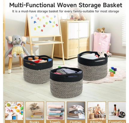 Cotton 9x7 Inch Pack of 3 Storage Basket For Clothes (Black-Beige)