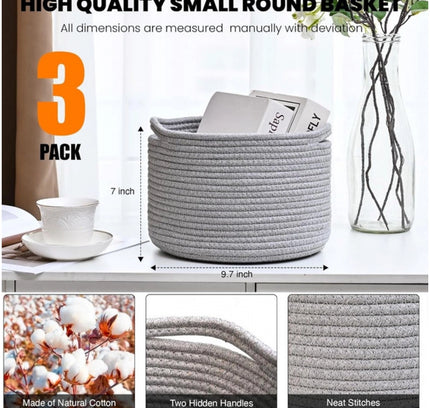 Cotton 9x7 Inch Pack of 3 Storage Basket For Clothes (Gray)