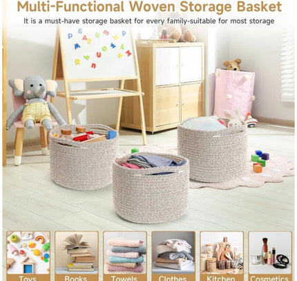 Cotton Kidi 9x7 Inch Pack of 3 Storage Basket For Clothes (Light Brown)