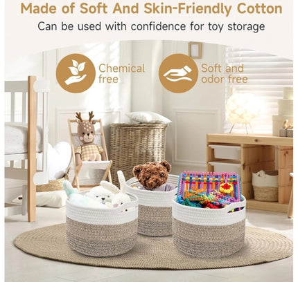 Cotton Kidi 9x7 Inch Pack of 3 Storage Basket For Clothes (Kidi White)