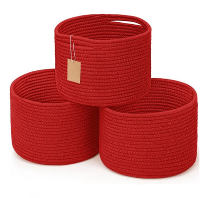 Cotton 9x7 Inch Pack of 3 Storage Basket For Clothes (Red)