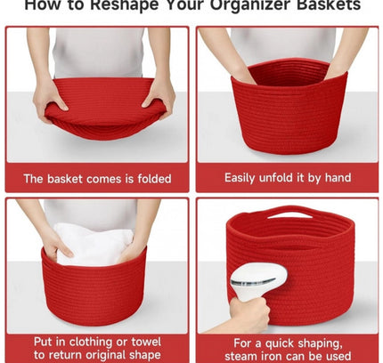 Cotton 9x7 Inch Pack of 3 Storage Basket For Clothes (Red)