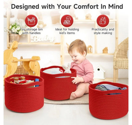 Cotton 9x7 Inch Pack of 3 Storage Basket For Clothes (Red)