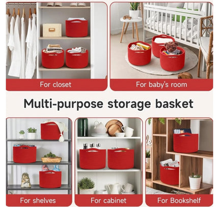 Cotton 9x7 Inch Pack of 3 Storage Basket For Clothes (Red)