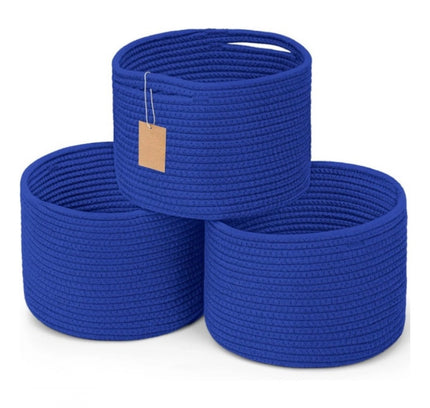Cotton 9x7 Inch Pack of 3 Storage Basket For Clothes (Royal Blue)