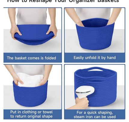 Cotton 9x7 Inch Pack of 3 Storage Basket For Clothes (Royal Blue)