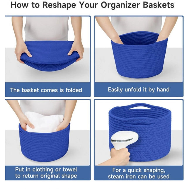 Cotton 9x7 Inch Pack of 3 Storage Basket For Clothes (Royal Blue)