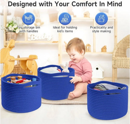 Cotton 9x7 Inch Pack of 3 Storage Basket For Clothes (Royal Blue)
