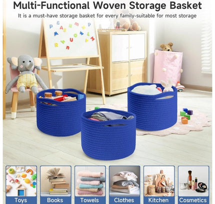 Cotton 9x7 Inch Pack of 3 Storage Basket For Clothes (Royal Blue)
