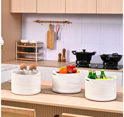 Cotton 9x7 Inch Pack of 3 Storage Basket For Clothes (White)