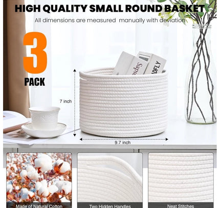 Cotton 9x7 Inch Pack of 3 Storage Basket For Clothes (White)