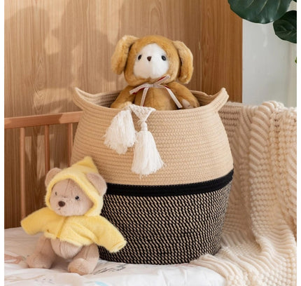 Cotton Matka 14x12 Inch Storage Basket For Clothes (Beige Black)