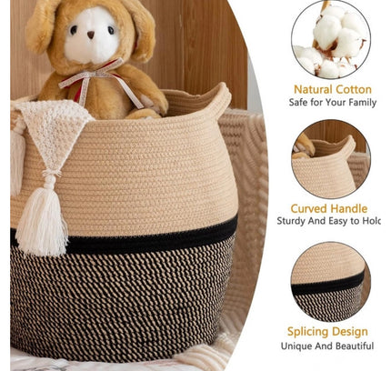 Cotton Matka 14x12 Inch Storage Basket For Clothes (Beige Black)