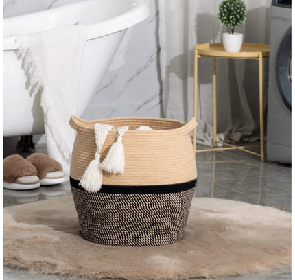 Cotton Matka 14x12 Inch Storage Basket For Clothes (Beige Black)
