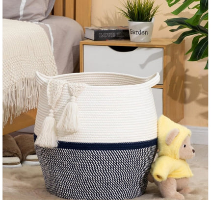 Cotton Matka 14x12 Inch Storage Basket For Clothes (Gray White)