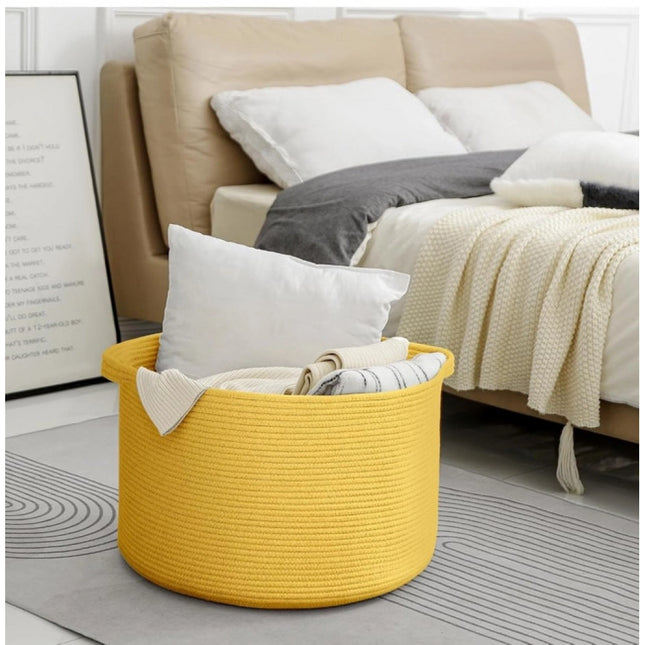 Cotton 14x12 Inch Pack of 1 Storage Basket For Clothes (Yellow)