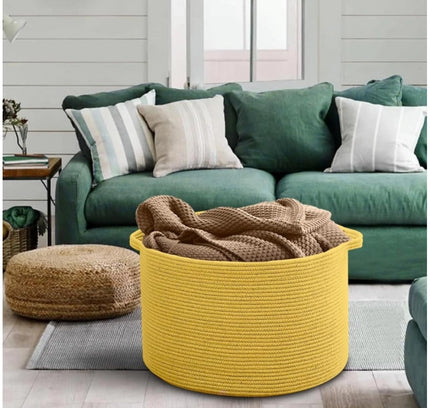 Cotton 14x12 Inch Pack of 1 Storage Basket For Clothes (Yellow)